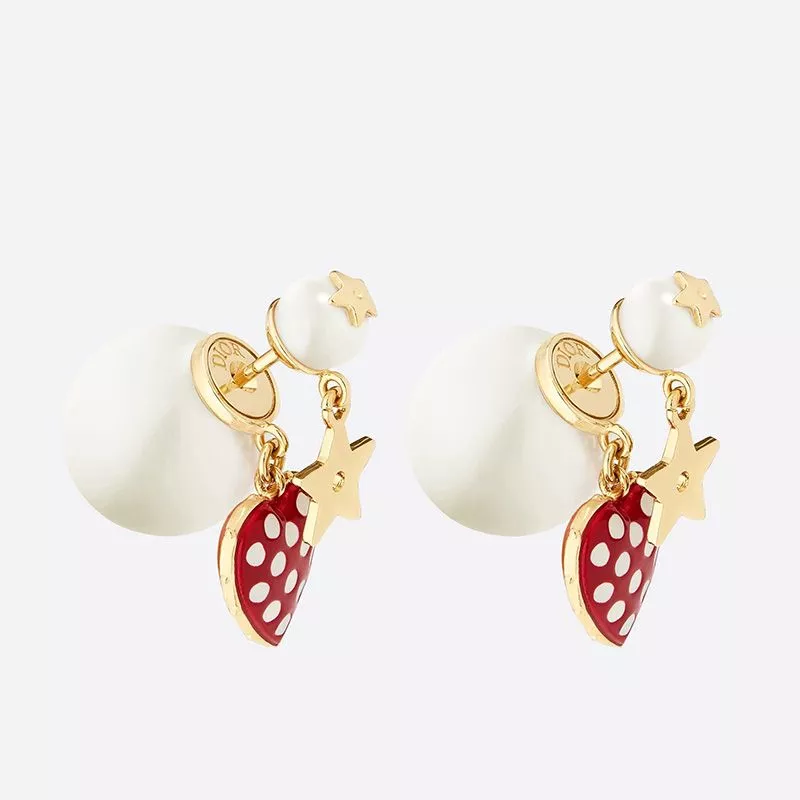 Cheap Dior Tribales Dioramour Earrings Metal, White Resin Pearls and Red Lacquer with White Polka Dots Gold 0115